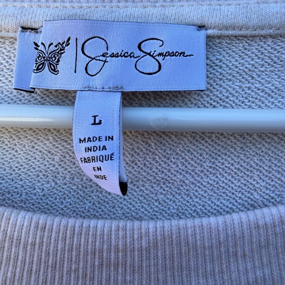 NWT Jessica Simpson Cream Cropped Sweatshirt with Silver Sequin Shoulders Sz L - Picture 7 of 9